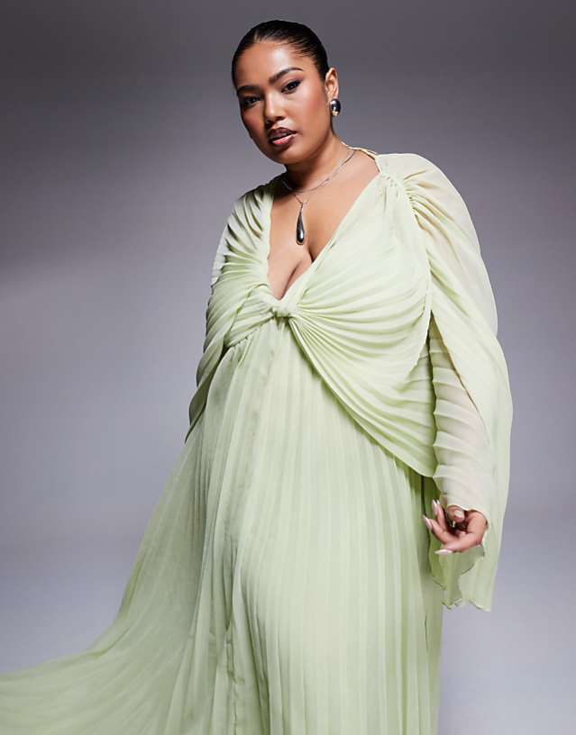 Asos ASOS DESIGN Curve Pleated Chiffon Twist Front Maxi Dress In Apple Green