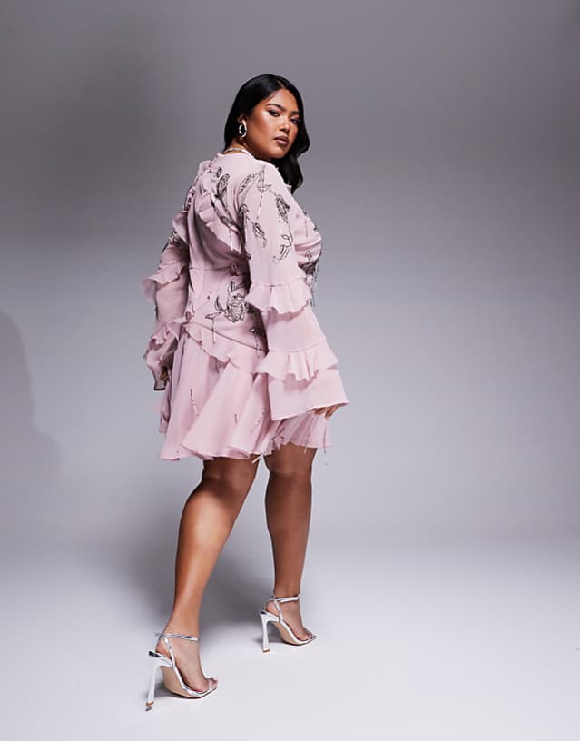 Asos ASOS DESIGN Curve Raw Edge Ruffle Embellished Mini Dress With Open Back In Dusky Pink