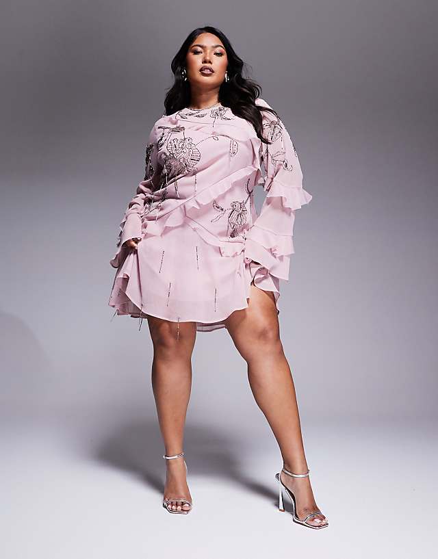 Asos ASOS DESIGN Curve Raw Edge Ruffle Embellished Mini Dress With Open Back In Dusky Pink