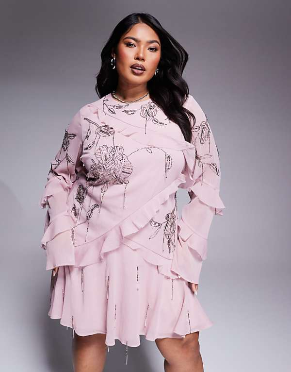 asos ASOS DESIGN Curve raw edge ruffle embellished mini dress with open back in dusky pink