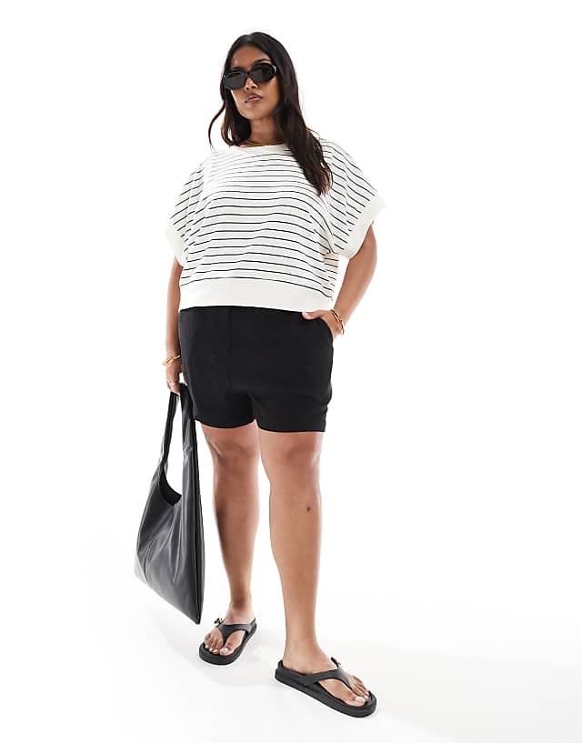 asos ASOS DESIGN Curve relaxed dad shorts with linen in black