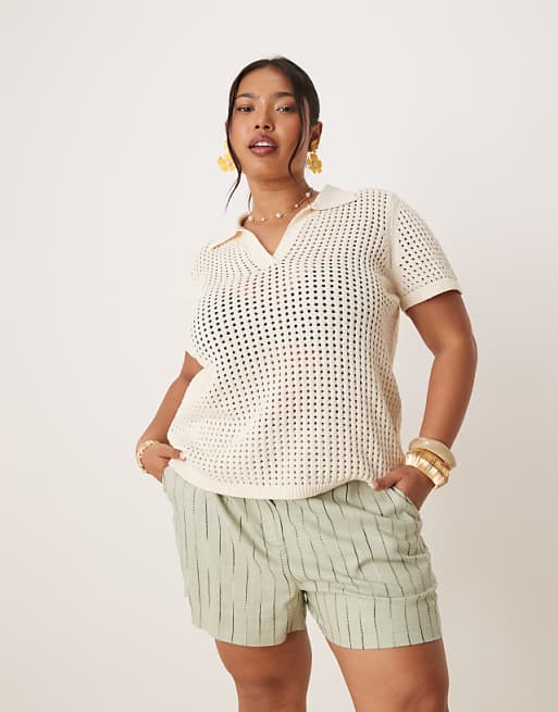 asos ASOS DESIGN Curve relaxed dad shorts with linen in sage squiggle stripe