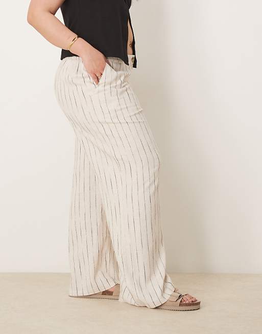 Asos ASOS DESIGN Curve Relaxed Straight Leg Trousers With Linen In Natural Squiggle Stripe