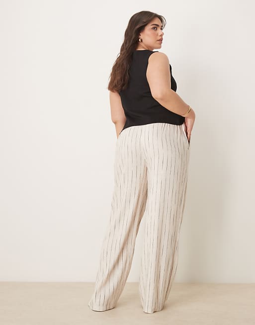 Asos ASOS DESIGN Curve Relaxed Straight Leg Trousers With Linen In Natural Squiggle Stripe