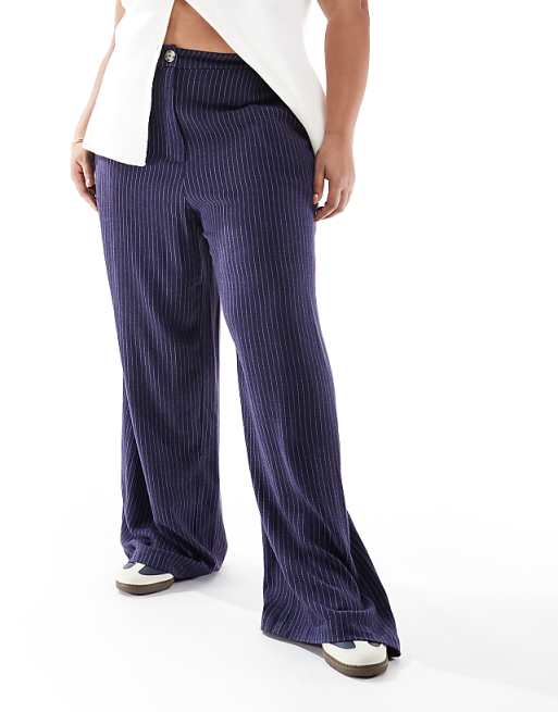 Asos ASOS DESIGN Curve Relaxed Straight Leg Trousers With Linen In Navy Stripe