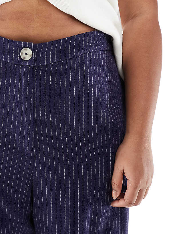 Asos ASOS DESIGN Curve Relaxed Straight Leg Trousers With Linen In Navy Stripe