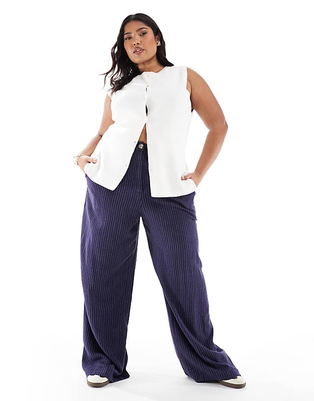 asos ASOS DESIGN Curve relaxed straight leg trousers with linen in navy stripe
