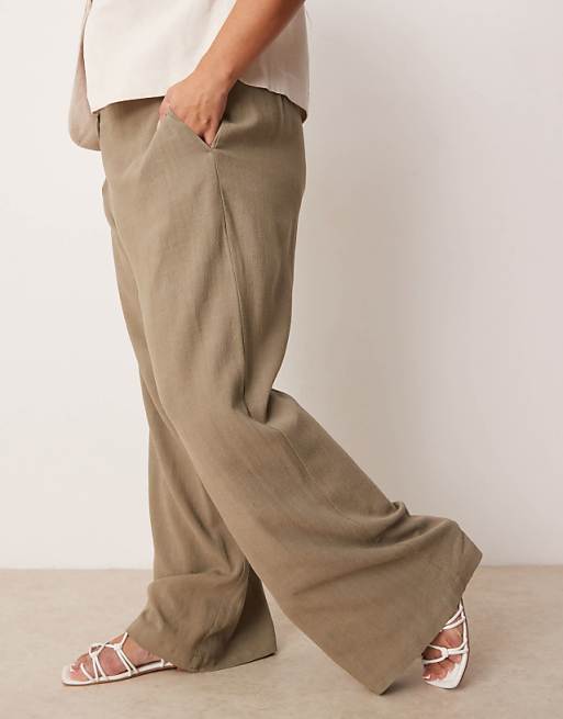 Asos ASOS DESIGN Curve Relaxed Straight Leg Trousers With Linen In Khaki