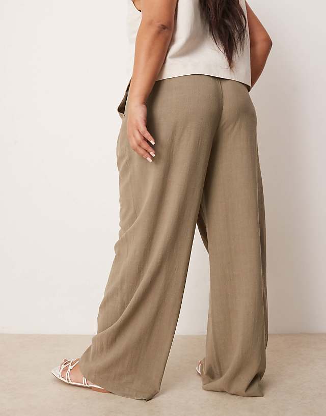 Asos ASOS DESIGN Curve Relaxed Straight Leg Trousers With Linen In Khaki