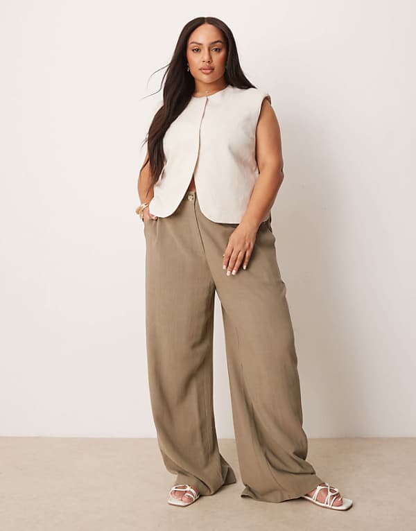 asos ASOS DESIGN Curve relaxed straight leg trousers with linen in khaki