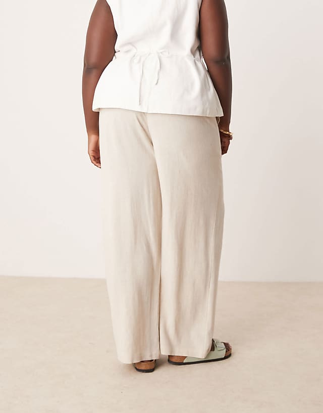 Asos ASOS DESIGN Curve Relaxed Straight Leg Trousers With Linen In Stone