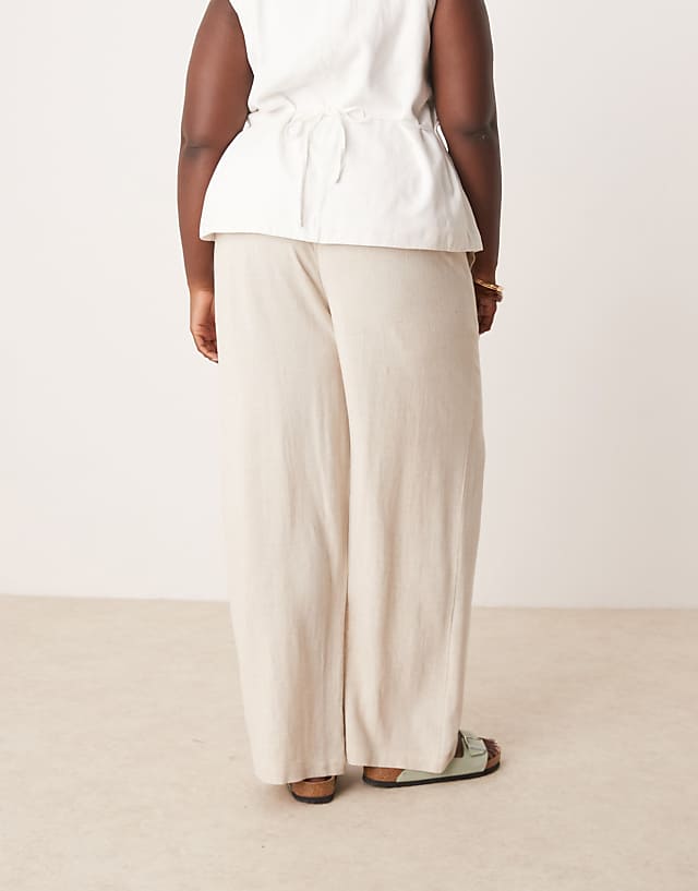 Asos ASOS DESIGN Curve Relaxed Straight Leg Trousers With Linen In Stone