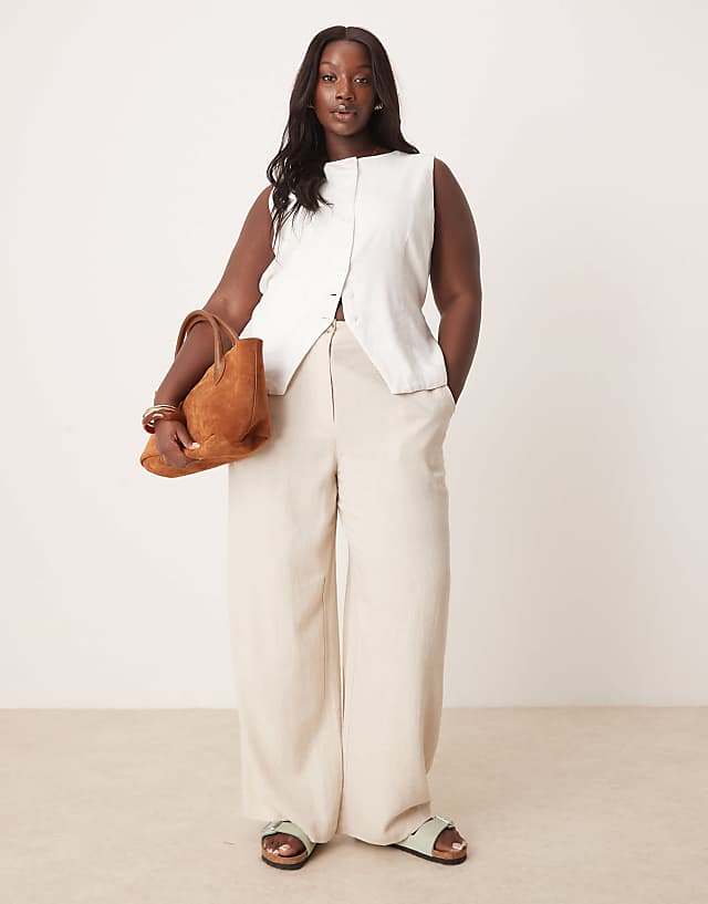 asos ASOS DESIGN Curve relaxed straight leg trousers with linen in stone