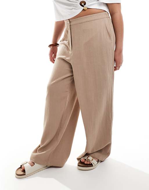 Asos ASOS DESIGN Curve Relaxed Straight Leg Trousers With Linen In Mocha