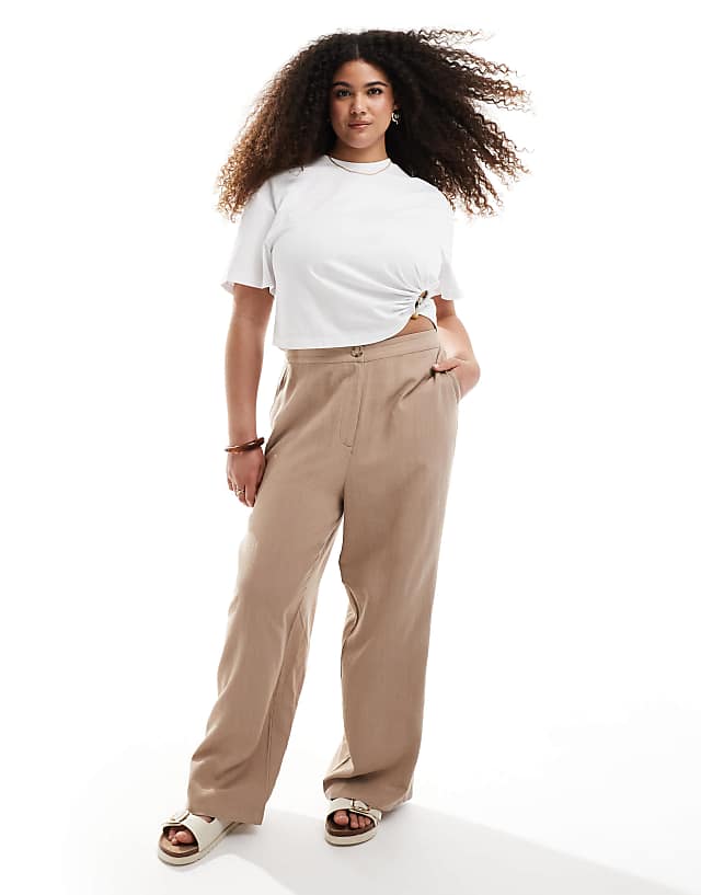 asos ASOS DESIGN Curve relaxed straight leg trousers with linen in mocha