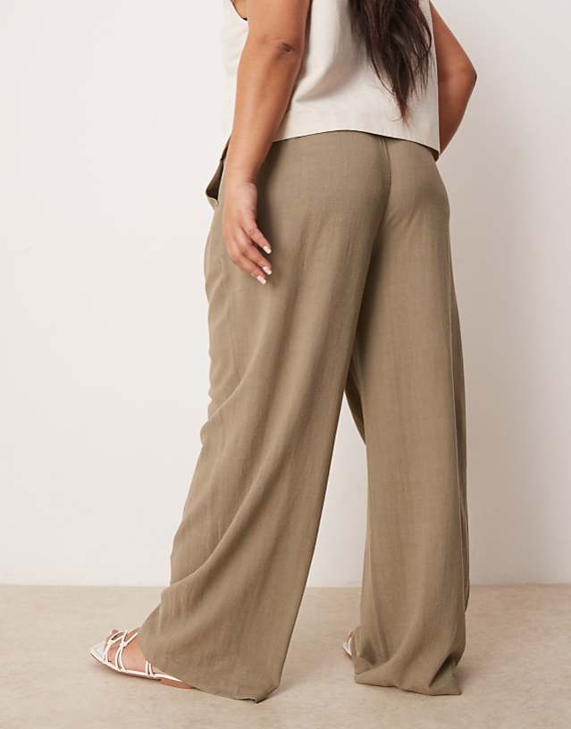 Asos ASOS DESIGN Curve Relaxed Straight Leg Trousers With Linen In Khaki