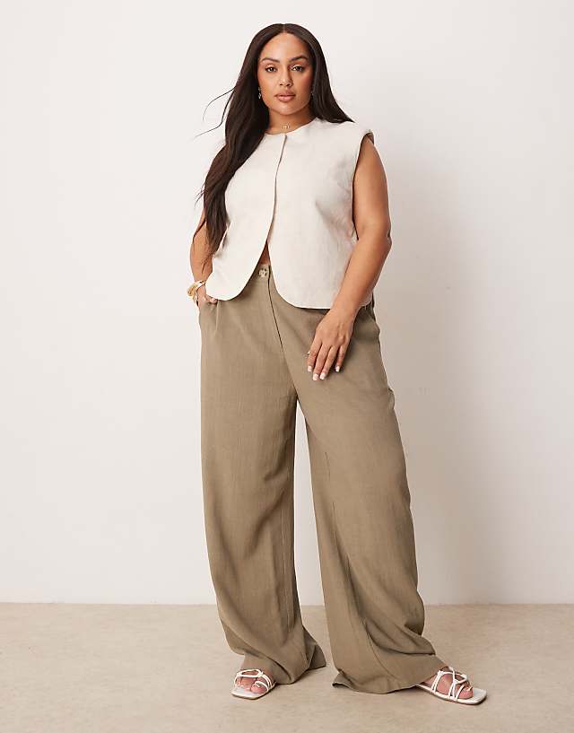 asos ASOS DESIGN Curve relaxed straight leg trousers with linen in khaki