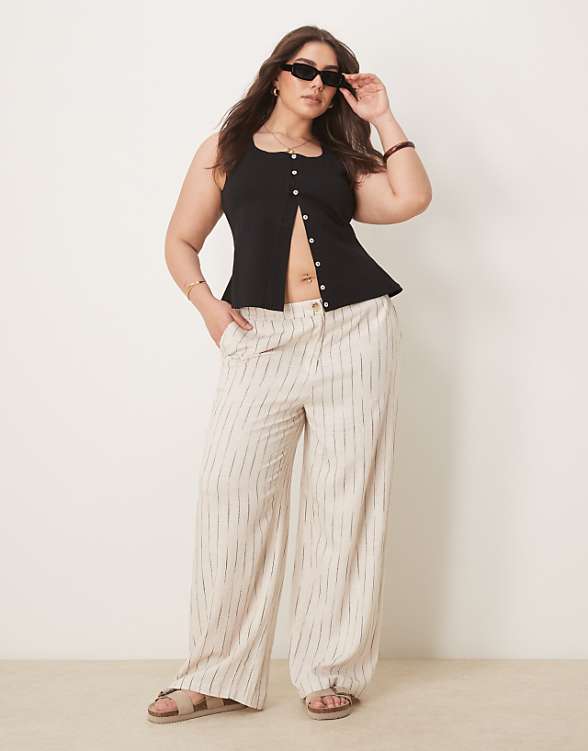 asos ASOS DESIGN Curve relaxed straight leg trousers with linen in natural squiggle stripe