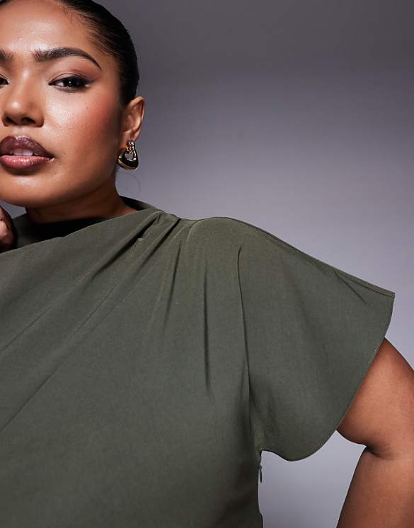 Asos ASOS DESIGN Curve Ruched Waist Bengaline Midi Dress In Khaki Green