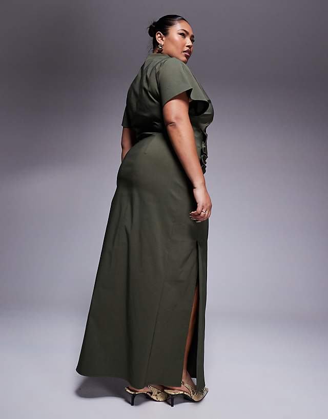 Asos ASOS DESIGN Curve Ruched Waist Bengaline Midi Dress In Khaki Green