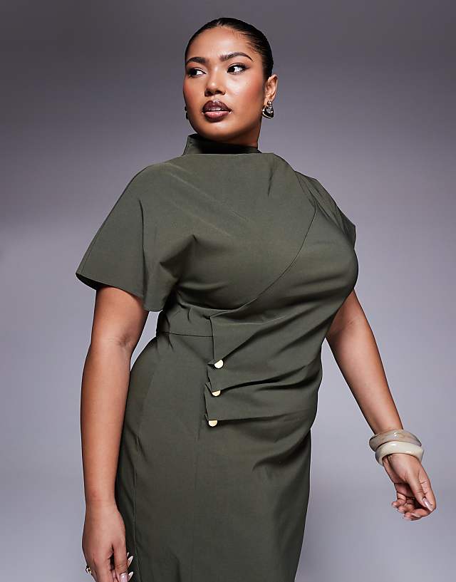 Asos ASOS DESIGN Curve Ruched Waist Bengaline Midi Dress In Khaki Green