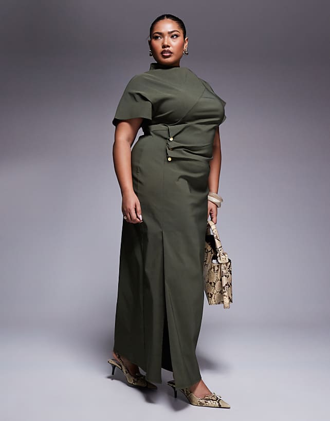 asos ASOS DESIGN Curve ruched waist bengaline midi dress in khaki green