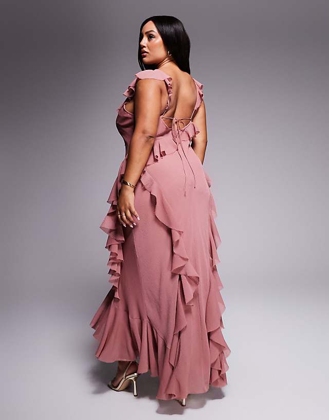 Asos ASOS DESIGN Curve Ruffle Bias Maxi Dress With Open Back In Rose Pink