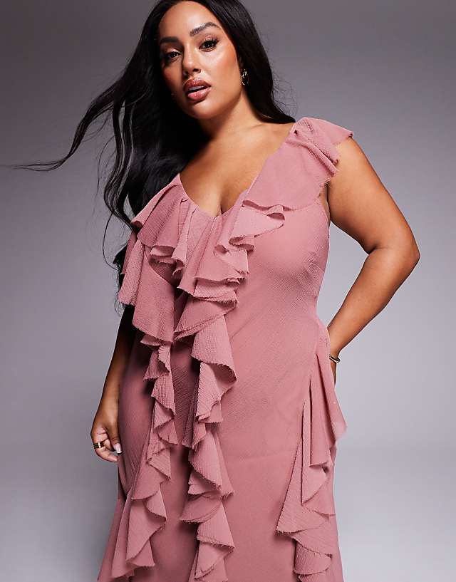 Asos ASOS DESIGN Curve Ruffle Bias Maxi Dress With Open Back In Rose Pink