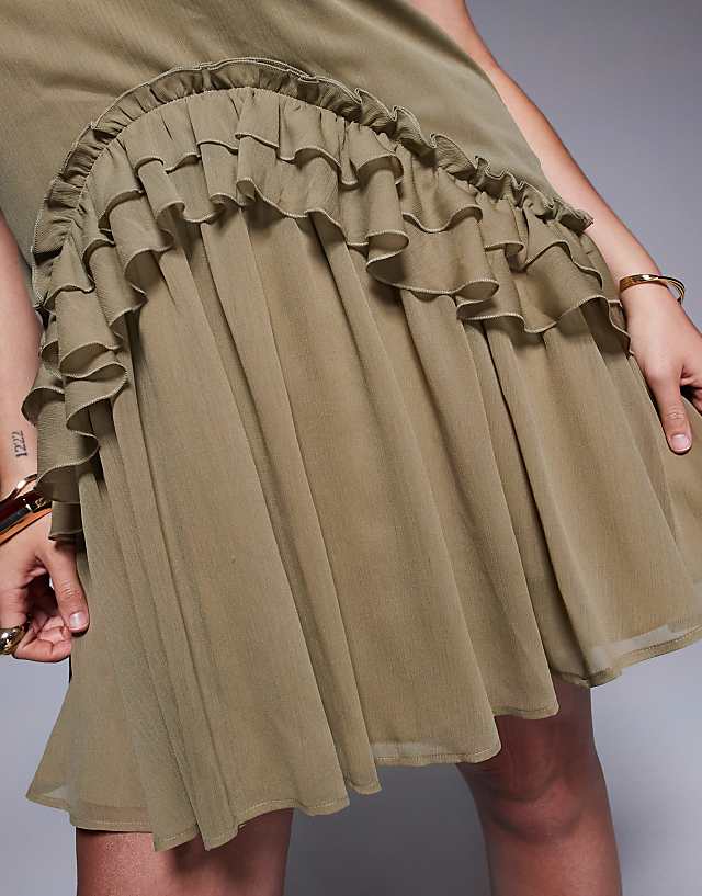 Asos ASOS DESIGN Curve Ruffle Strap Detail Mini Dress With Gold Trim In Khaki