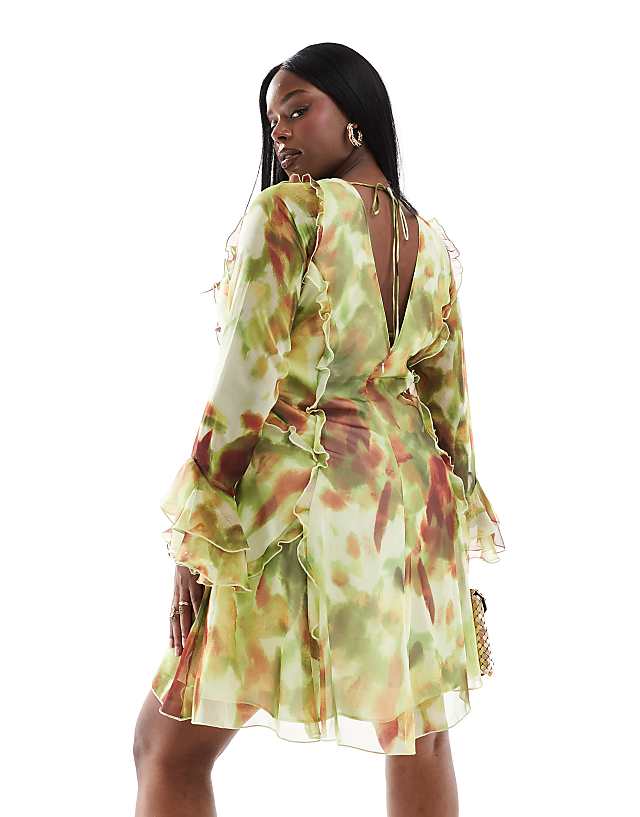 Asos ASOS DESIGN Curve Ruffle Tie Front Plunge Mini Dress With Frill Sleeves In Green Abstract Print
