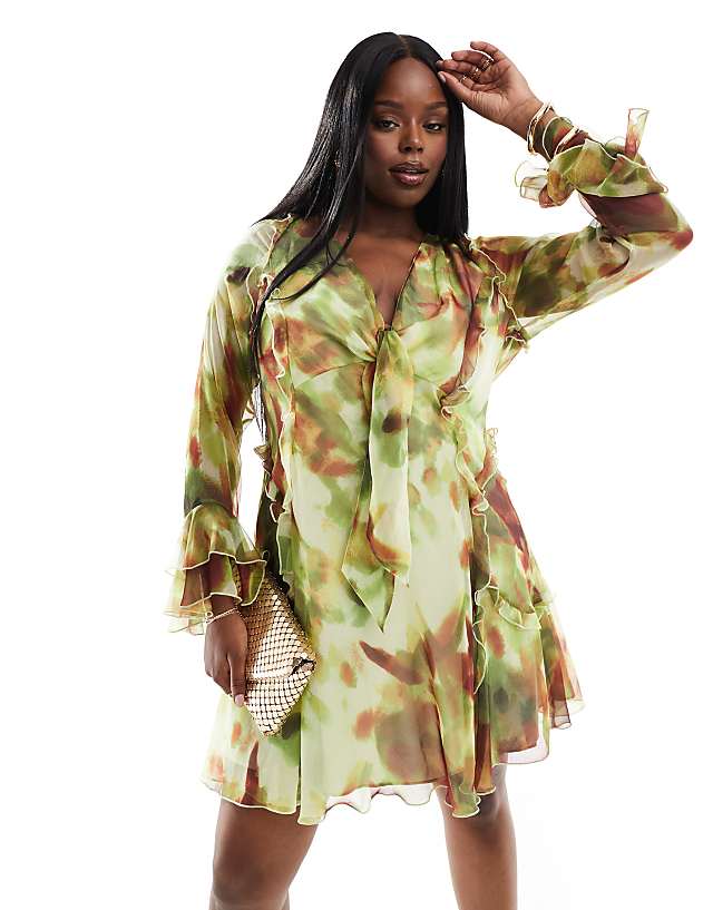 asos ASOS DESIGN Curve ruffle tie front plunge mini dress with frill sleeves in green abstract print