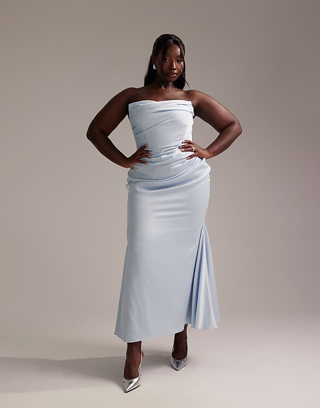 Asos ASOS DESIGN Curve Satin Bandeau Bridesmaid Maxi Dress In Light Blue