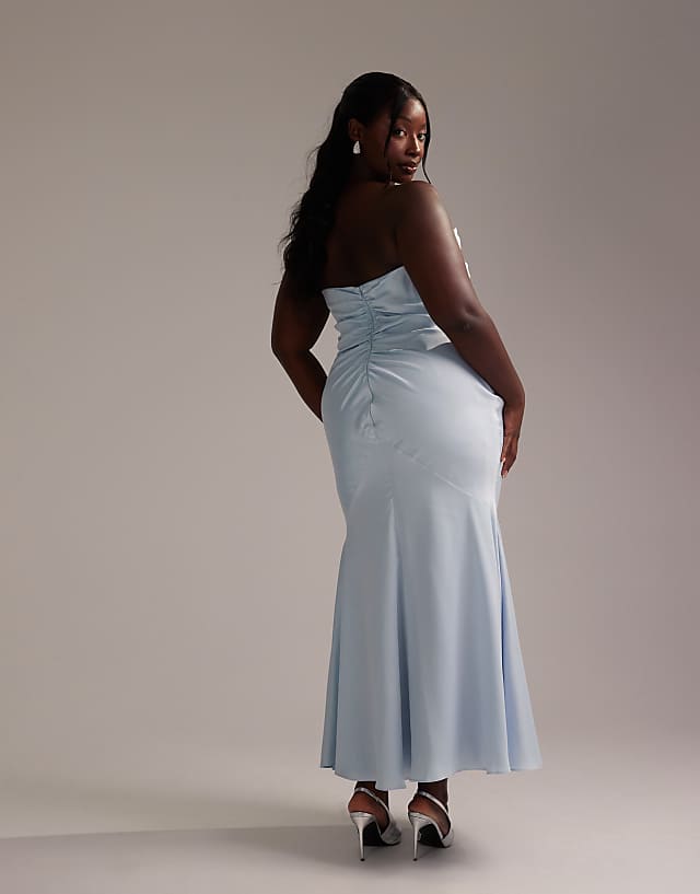 Asos ASOS DESIGN Curve Satin Bandeau Bridesmaid Maxi Dress In Light Blue