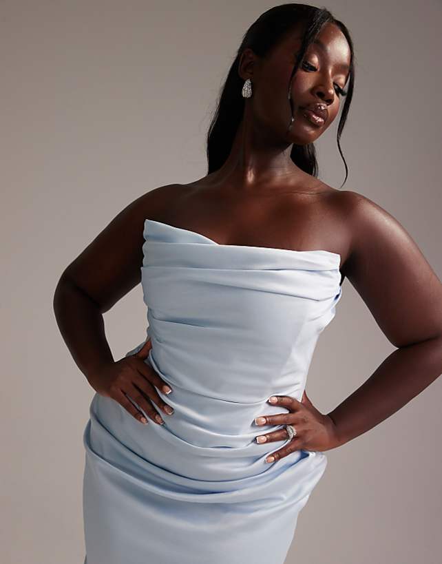 asos ASOS DESIGN Curve satin bandeau bridesmaid maxi dress in light blue