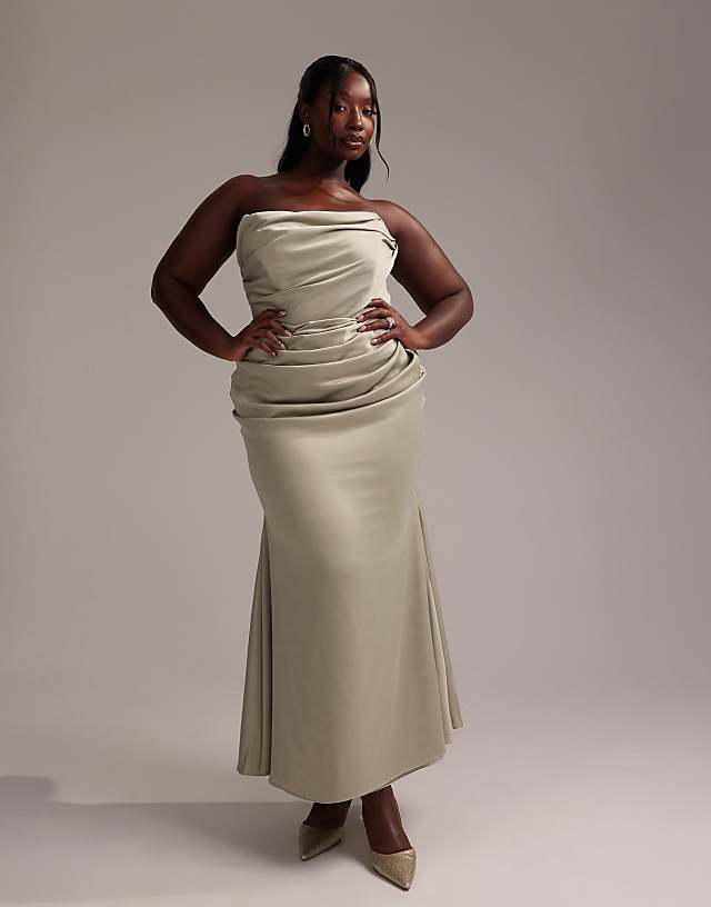 asos ASOS DESIGN Curve satin bandeau bridesmaid maxi dress in light green