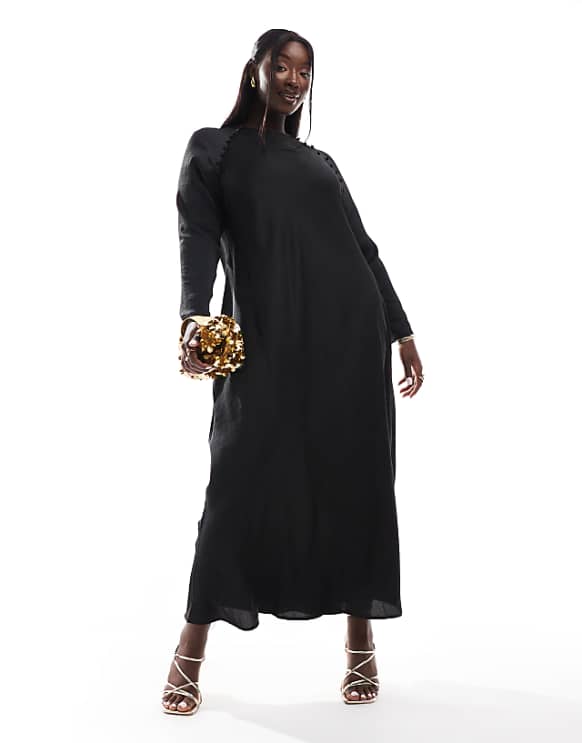 asos ASOS DESIGN Curve satin biased maxi dress with button detail in black