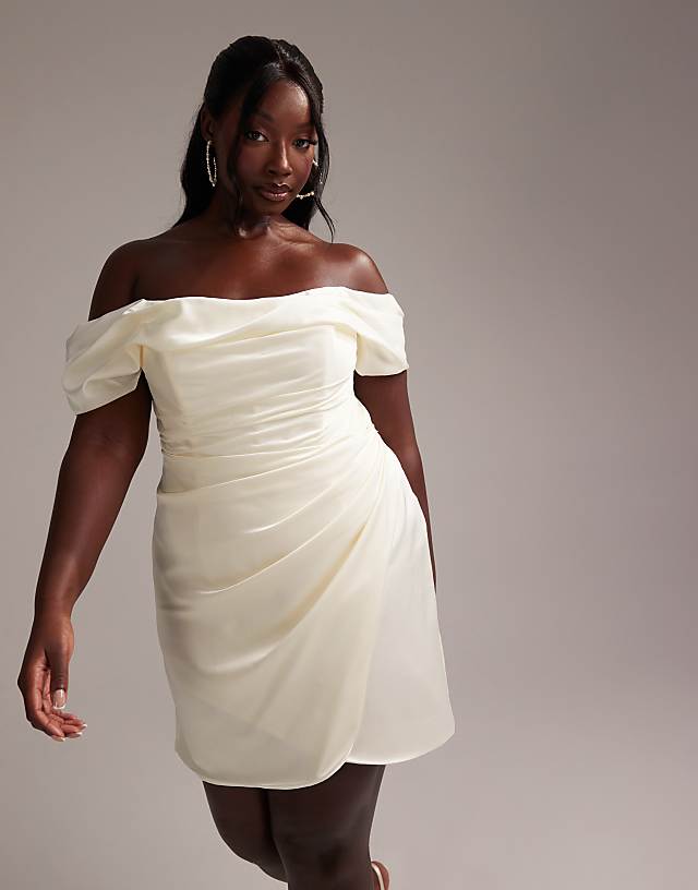 Asos ASOS DESIGN Curve Satin Off Shoulder Mini Dress In Ivory
