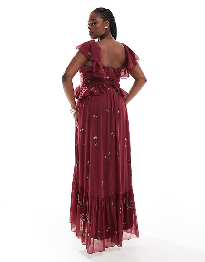 Asos ASOS DESIGN Curve Scatter Embellished Ruffle Off Shoulder Cut Out Midi Dress In Burgundy