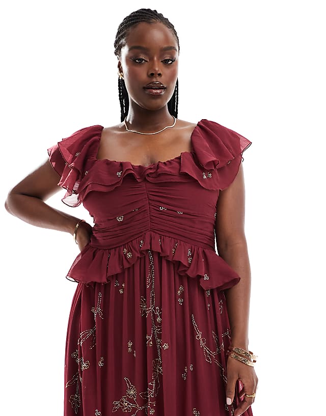 Asos ASOS DESIGN Curve Scatter Embellished Ruffle Off Shoulder Cut Out Midi Dress In Burgundy