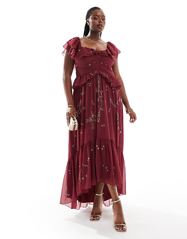 asos ASOS DESIGN Curve scatter embellished ruffle off shoulder cut out midi dress in burgundy