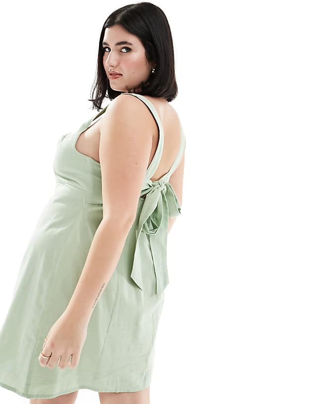 Asos ASOS DESIGN Curve Square Neck Tie Back Linen Mini Sundress In Sage