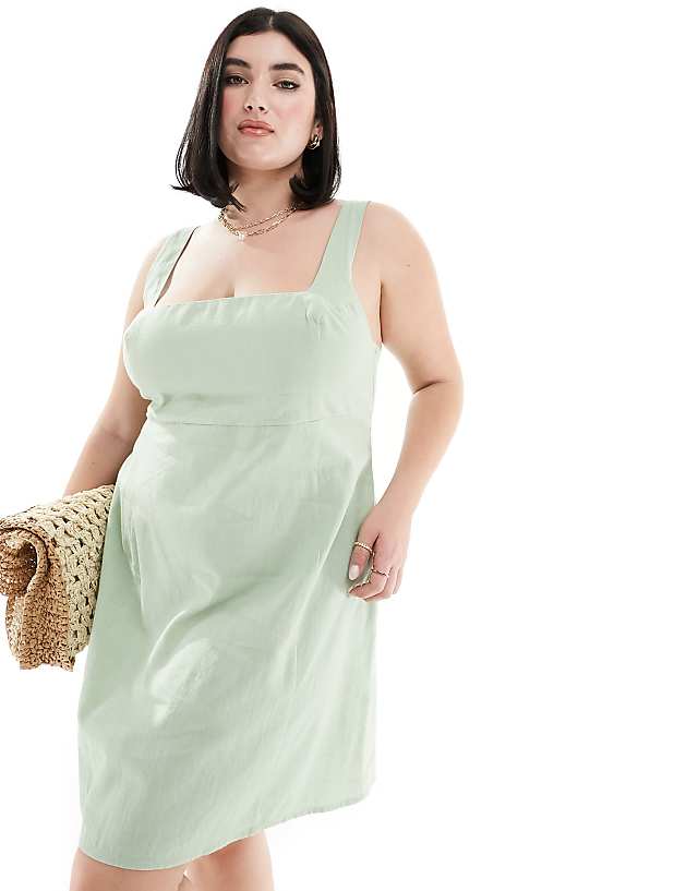 Asos ASOS DESIGN Curve Square Neck Tie Back Linen Mini Sundress In Sage