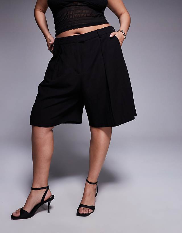 Asos ASOS DESIGN Curve Tailored Linen Look Longline City Shorts In Black