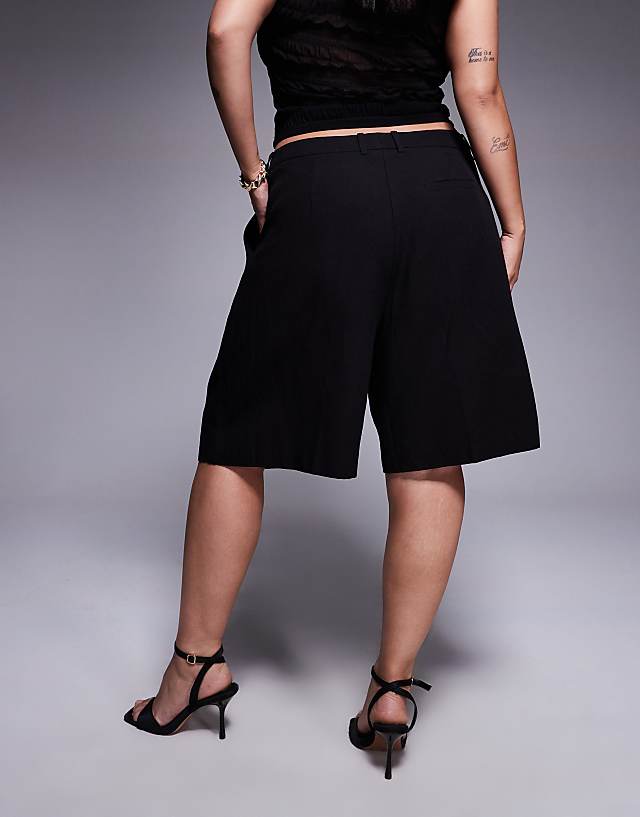 Asos ASOS DESIGN Curve Tailored Linen Look Longline City Shorts In Black