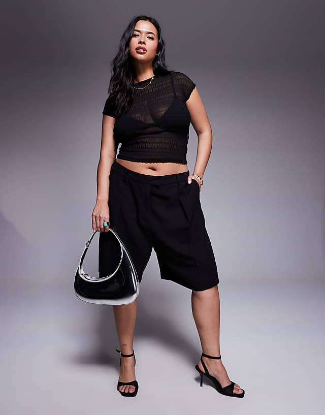 asos ASOS DESIGN Curve tailored linen look longline city shorts in black