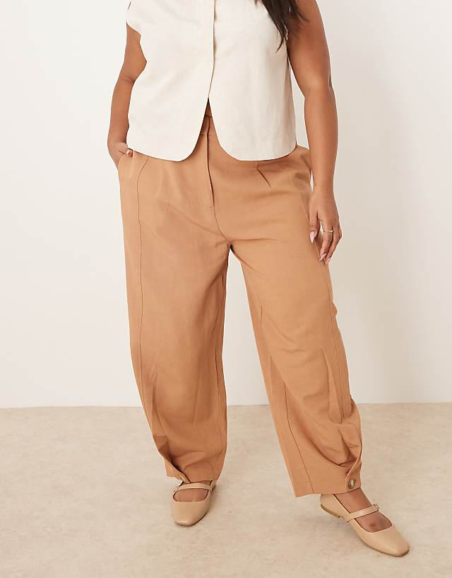 Asos ASOS DESIGN Curve Tailored Linen Trousers With Multi Way Tab Hem In Tan