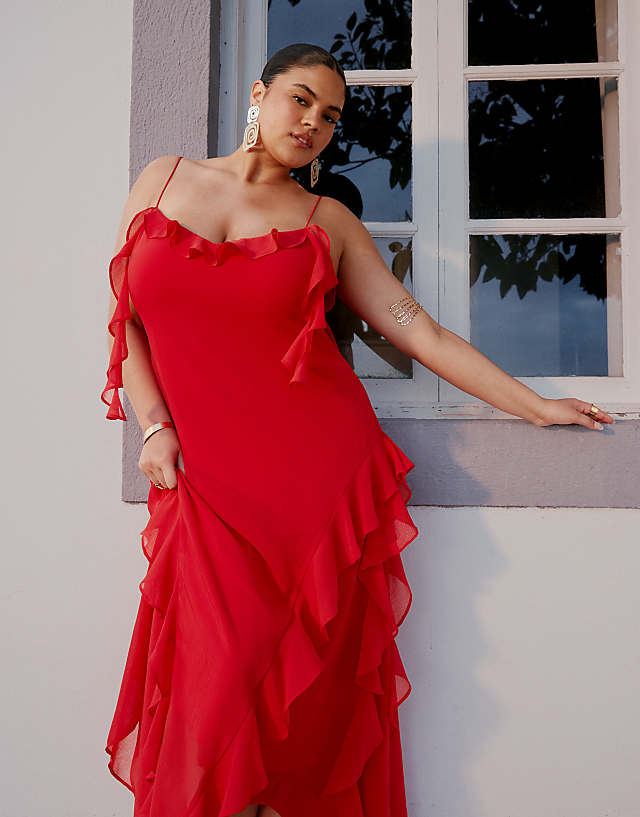 Asos ASOS DESIGN Curve Textured Chiffon Maxi Dress With Trailing Ruffles In Red