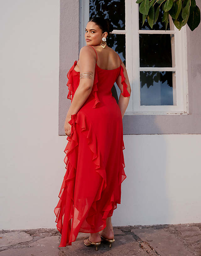 Asos ASOS DESIGN Curve Textured Chiffon Maxi Dress With Trailing Ruffles In Red