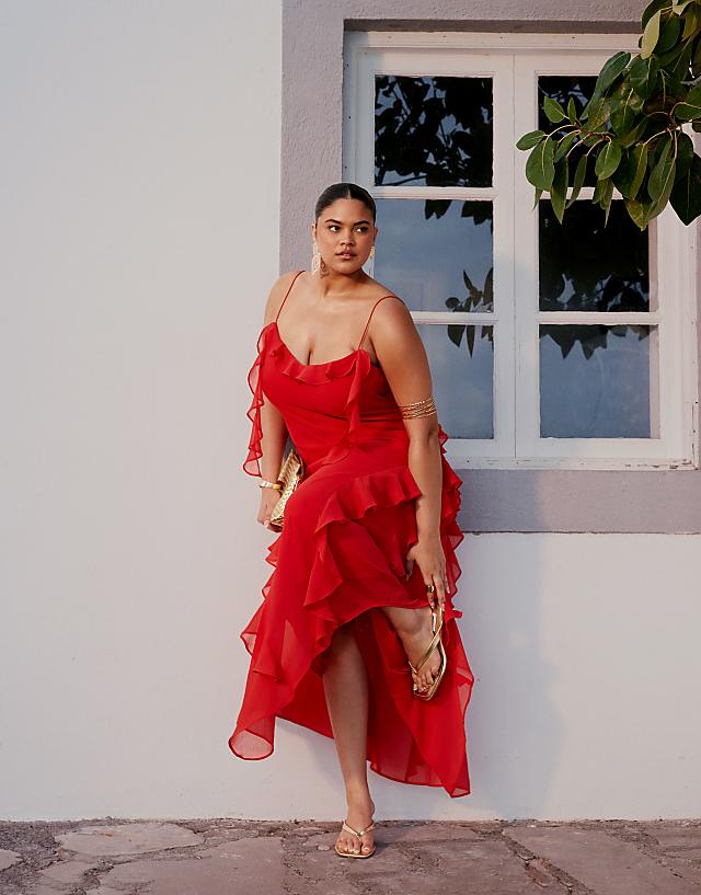 asos ASOS DESIGN Curve textured chiffon maxi dress with trailing ruffles in red