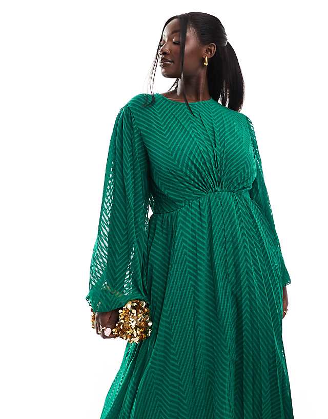 Asos ASOS DESIGN Curve Tie Back Fluted Sleeve Pleated Chevron Chiffon Midi Dress In Green